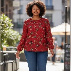 Red Floral Print Blouse Long Sleeve Boho Chic Fall Top